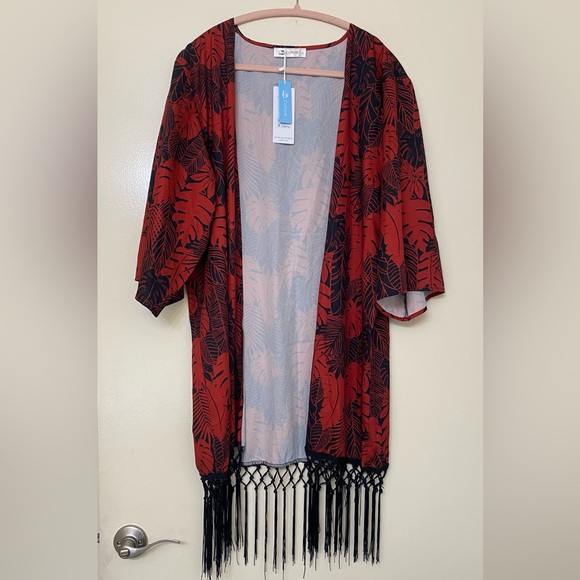 Black and Red Leaf Print Cover-Up Kimono with Fringe - Picture 3 of 6